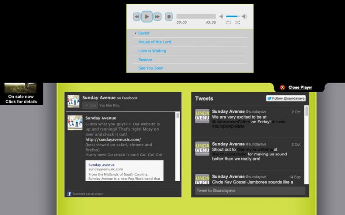 sunday avenue christian band web site drop down music player